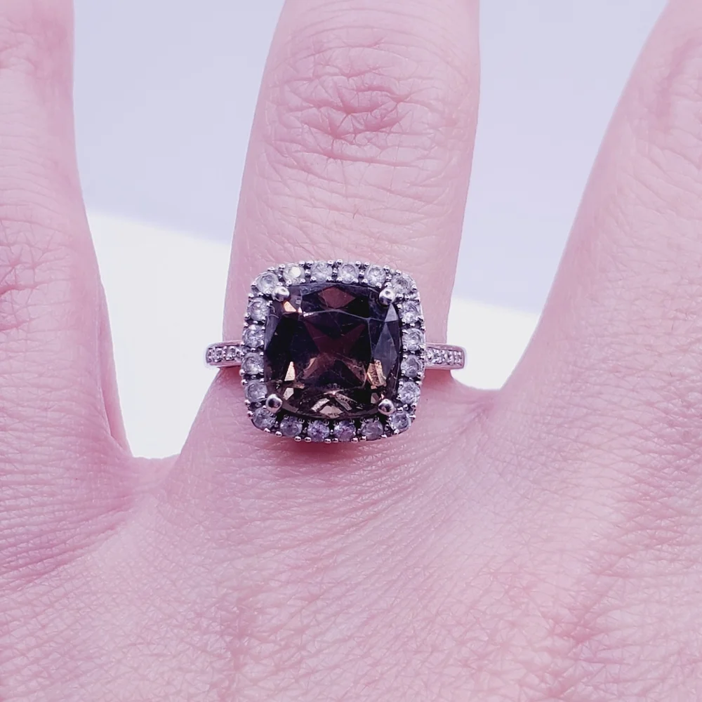 10K Solid White Gold Smoky Quartz, Diamond & White Topaz Halo Ring